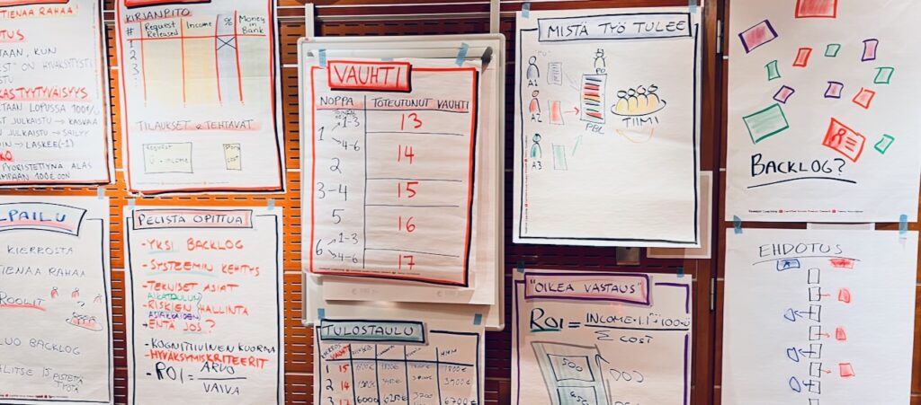 Käsin piirretyt flipchart-paperit kurssilta
